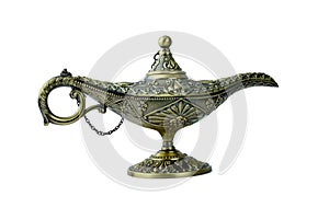 Magical genie lamp of aladdin,a antique lamp displayed on a white background