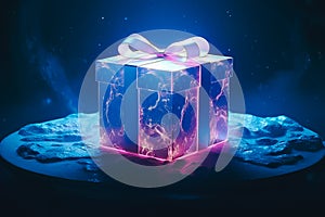 Magical gift box illuminated in the night with star and sky background, generative AI