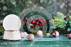 Magical Glittery Empty Snowglobe Banner with Snow and Decorations