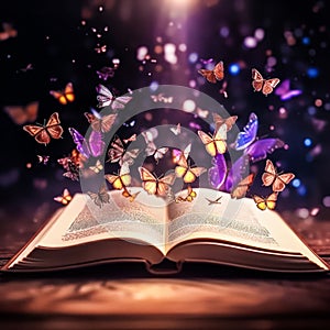 magical glowing butterflies fly out of an open book, a concept of knowledge, a metaphor for imagination and fantasy