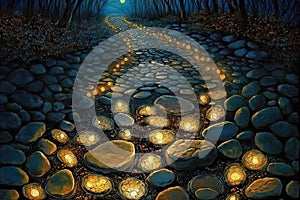 Magical Glowing Cobble stone path through a Dark Mystical