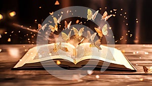 magical glowing golden butterflies fly out of an open book, a concept of knowledge, a metaphor for imagination and fantasy