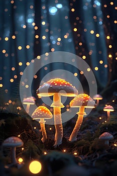 Magical glowing mushrooms, enchanted forest, fairy lights, bokeh background, dark moody atmosphere photo