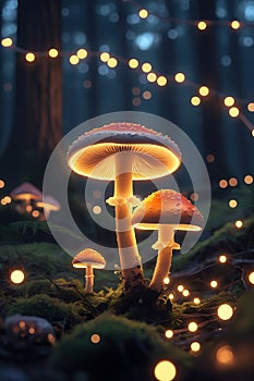 Magical glowing mushrooms, enchanted forest, fairy lights, bokeh background, dark moody atmosphere photo