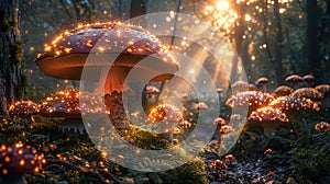 Magical Glowing Mushrooms in Enchanted Forest - Generative AI