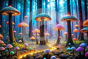 Magical glowing mushrooms forest path