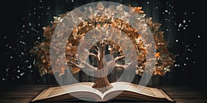 A magical, glowing tree with leaves made of pages from books, symbolizing the growth of knowledge and the power of