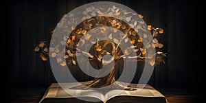 A magical, glowing tree with leaves made of pages from books, symbolizing the growth of knowledge and the power of