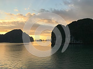 Magical and golden sunrise at Halong Bay, Vietnam, Southeast Asia