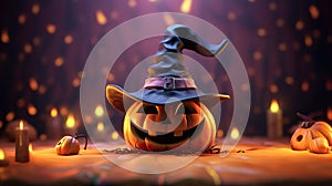 Magical Halloween Delights Cute Cartoon Jack O\' Lantern Pumpkin with Witches Hat, Coffin, Zombie, Bat,