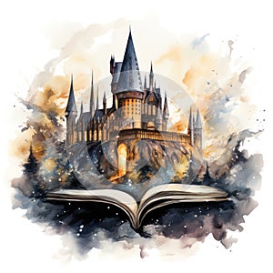 Magical Harry Potter Style Scene in an Open Book AI Generated