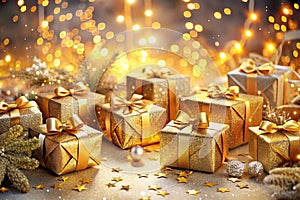 Magical Holiday Scene with Numerous Beautifully Wrapped Gift Boxes. A magical holiday scene showcasing numerous beautifully photo
