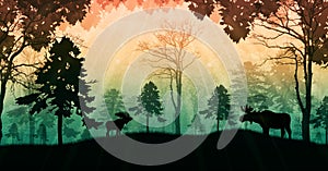 Magical illustration of nature with silhouettes of moose and trees, mysterious dark forest with an orange - emerald sky