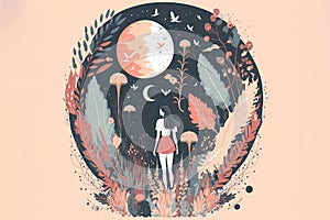 Magical illustration of woman walking in surreal forest at night. Minimalist style. Feminity and boho concept.