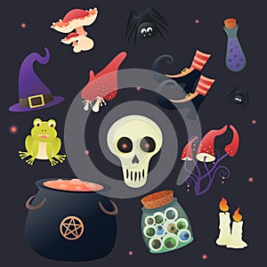 Magical items set in cartoon style on dark background, fantasy colourful poisonous mushrooms, witch hat, frog