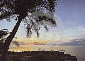The magical landscape of a beautiful sunrise, sunset.Palm tree standing on a rocky coast.A man floating in a boat on sea