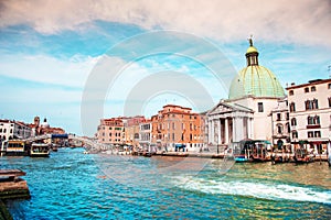 Magical landscape with boats on the Grand Canal in Venice, Italy. popular tourist attraction. Wonderful exciting places. vacation