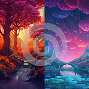 Magical landscape in bright colors, fictional world. Imagination and fantasy concept. Diptych illustration