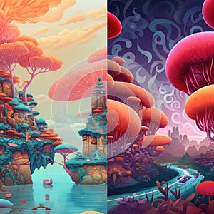 Magical landscape in bright colors, fictional world. Imagination and fantasy concept. Diptych illustration