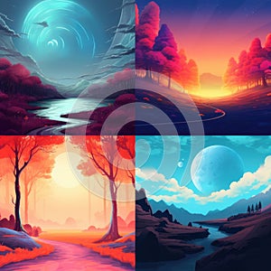 Magical landscape in bright colors, fictional world. Imagination and fantasy concept. Quadtych illustration