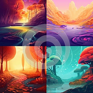 Magical landscape in bright colors, fictional world. Imagination and fantasy concept. Quadtych illustration