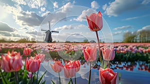 Magical landscape with fantastic beautiful tulips field in Netherlands on spring. Blooming multicolor dutch tulip fields