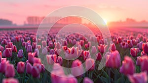 A magical landscape with sunrise over tulip field in the Netherlands