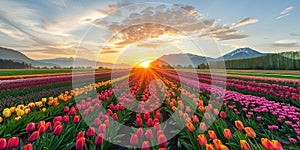 A magical landscape with sunrise over tulip field in the Netherlands