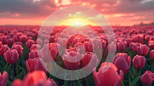 A magical landscape with sunrise over tulip field in the Netherlands