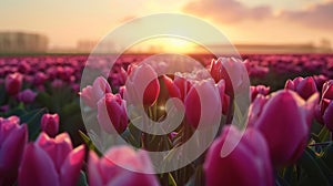 A magical landscape with sunrise over tulip field in the Netherlands