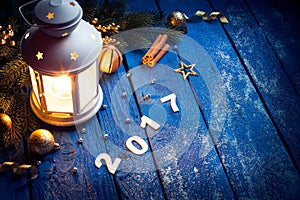 Magical Lantern On Wooden background With Christmas Decoration