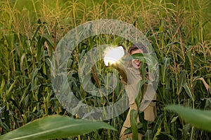 Magical light falls on the long hair blonde girl to the corn field in summer. Epressive girl in a corn field