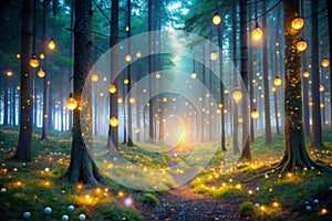 Magical lights sparkling in mysterious forest at night photo