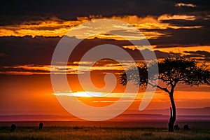 Magical Lone Trees Sunset Gazelle Antelope grazing grassland savannah in the Maasai Mara National Game Reserve park rift valley Na