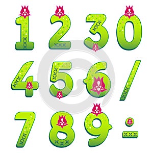 Magical Lotus numbers. Nature floral digits. Forest green gradient characters. Whimsical magic collection. Vector set.