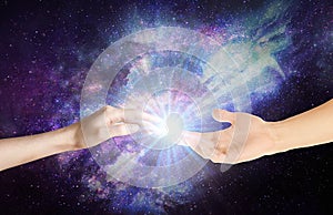 Magical love healing energy from hands universe background