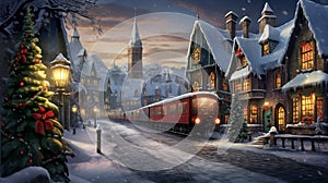 a magical mid-journey through a quaint snowy village during Christmas