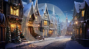 a magical mid-journey through a quaint snowy village during Christmas