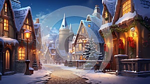 a magical mid-journey through a quaint snowy village during Christmas