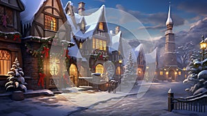 a magical mid-journey through a quaint snowy village during Christmas