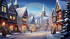 a magical mid-journey through a quaint snowy village during Christmas