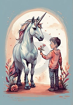 Magical Moment: Boy Offering Flowers to Unicorn in Hand-Drawn Scene