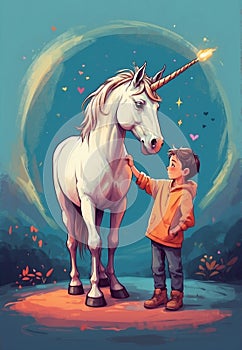 Magical Moment: Boy petting a Unicorn in Hand-Drawn Scene