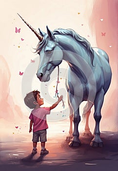 Magical Moment: Small Boy trying to connect with a Unicorn in Hand-Drawn Scene