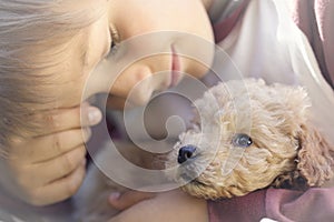 A magical moment of sweetness between a puppy of a man and a puppy dog photo