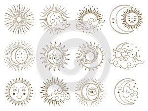 Magical moon and sun. Golden boho astrology elements, sun, moon, stars and clouds vector illustration set. Mystical