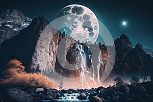 Magical Mountain: Glowing Falls and Moon in Unreal Engine 5 - Insane Details, Beautifully Color Graded Cinematic photo