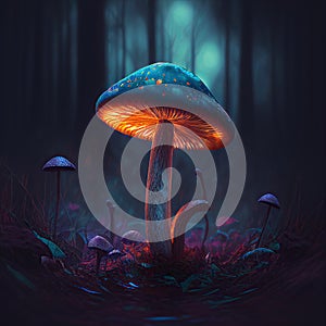 A magical mushroom in a dark misty forest with dramatic phantasmal iridescent lighting, ai generated