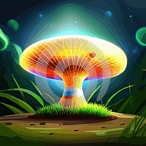 Magical Mushroom in fantasy enchanted fairy tale forest at night, vector illustration