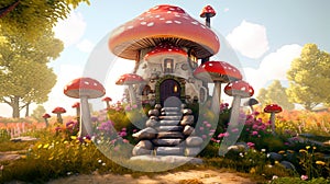 Magical mushroom house in the sunlight fairytale forest. Generative AI